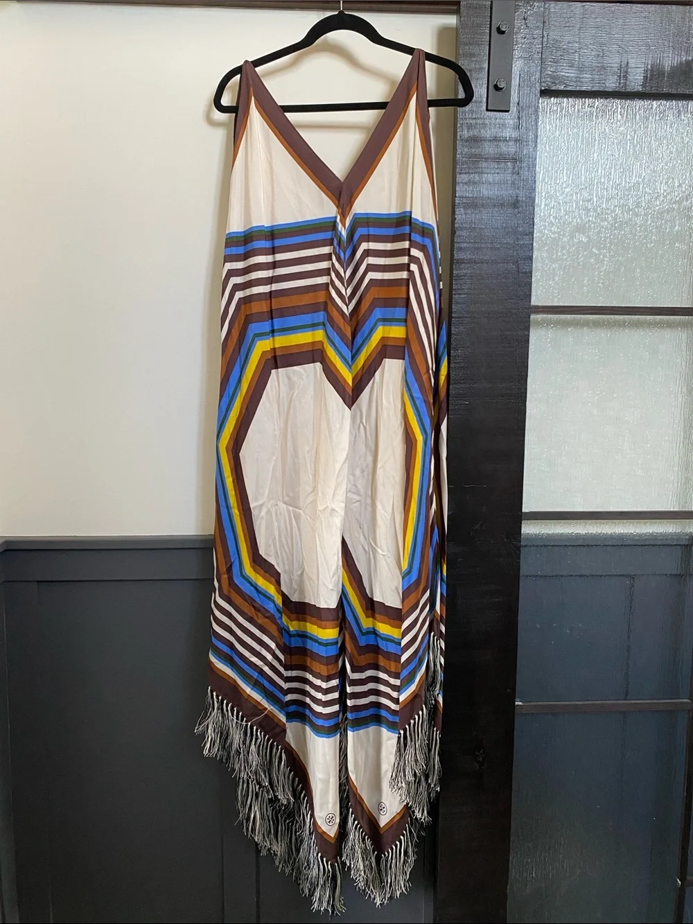 Tory Burch Striped Scarf Fringe Dress 287 Fret Silk Square Size 4